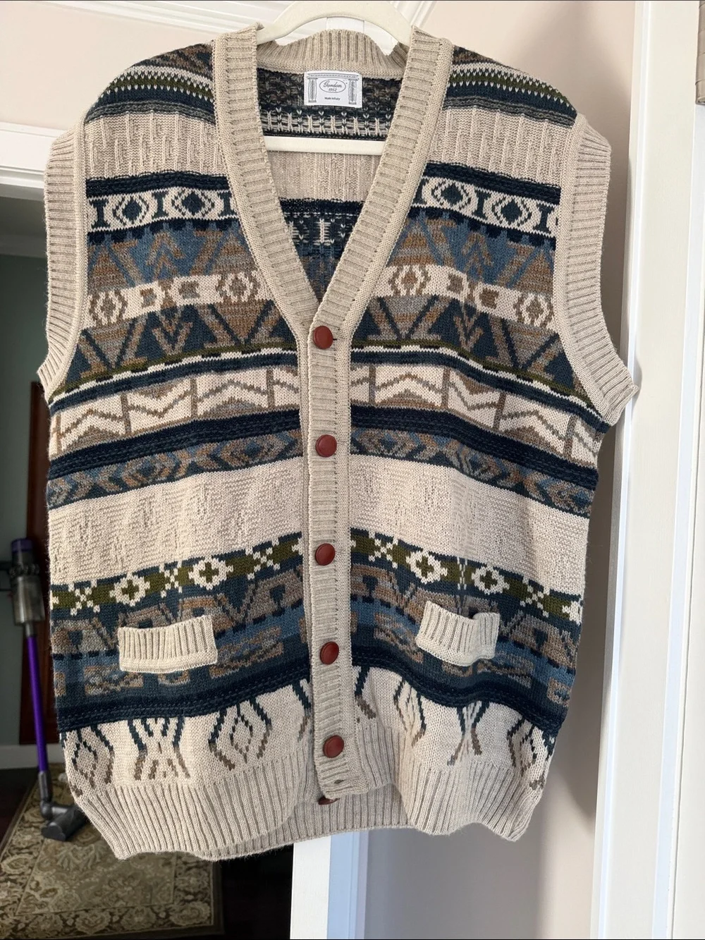 Gordon 1952 Fair Isle Knit Sweater Vest Beige Blue Brown Pattern size M/L